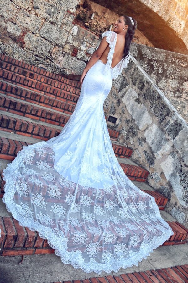 lace long train wedding dress