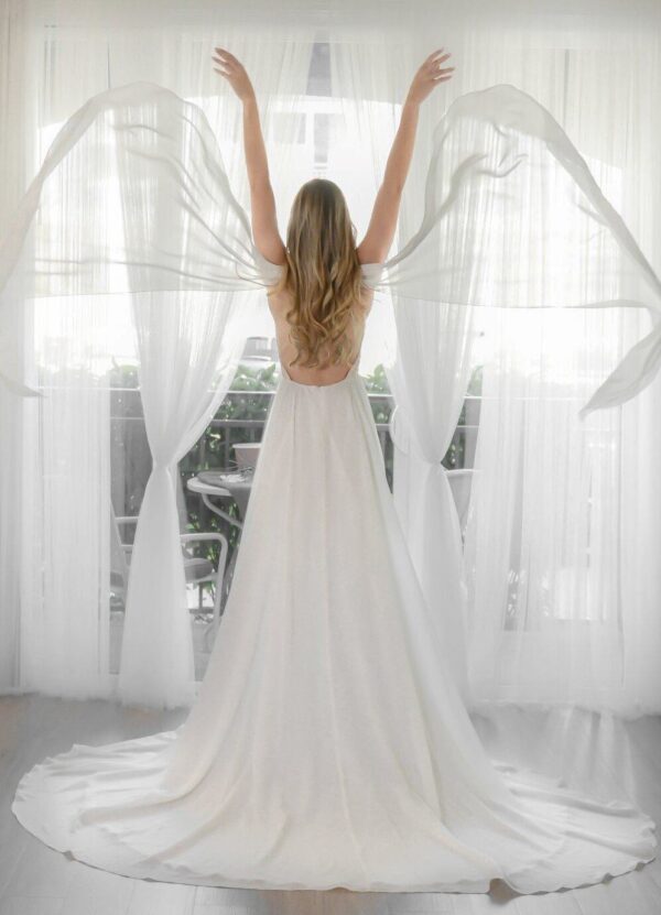 Open back wedding dress, soft chiffon beach wedding dress, fairytale bridal dress