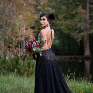 A black, backless wedding dress