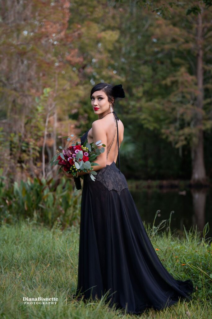 A black, backless wedding dress
