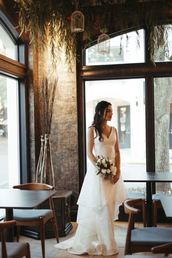 Sparkly fitted wedding dress, detachable skirt elegant bridal dress, custom design gown, Winter Park Florida design studio